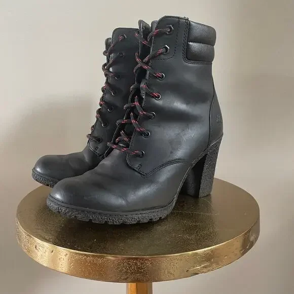 Rare Timberland Glancy Boots 7 Black Leather | Heel Lace Up Combat, Discontinued - Picture 7 of 15